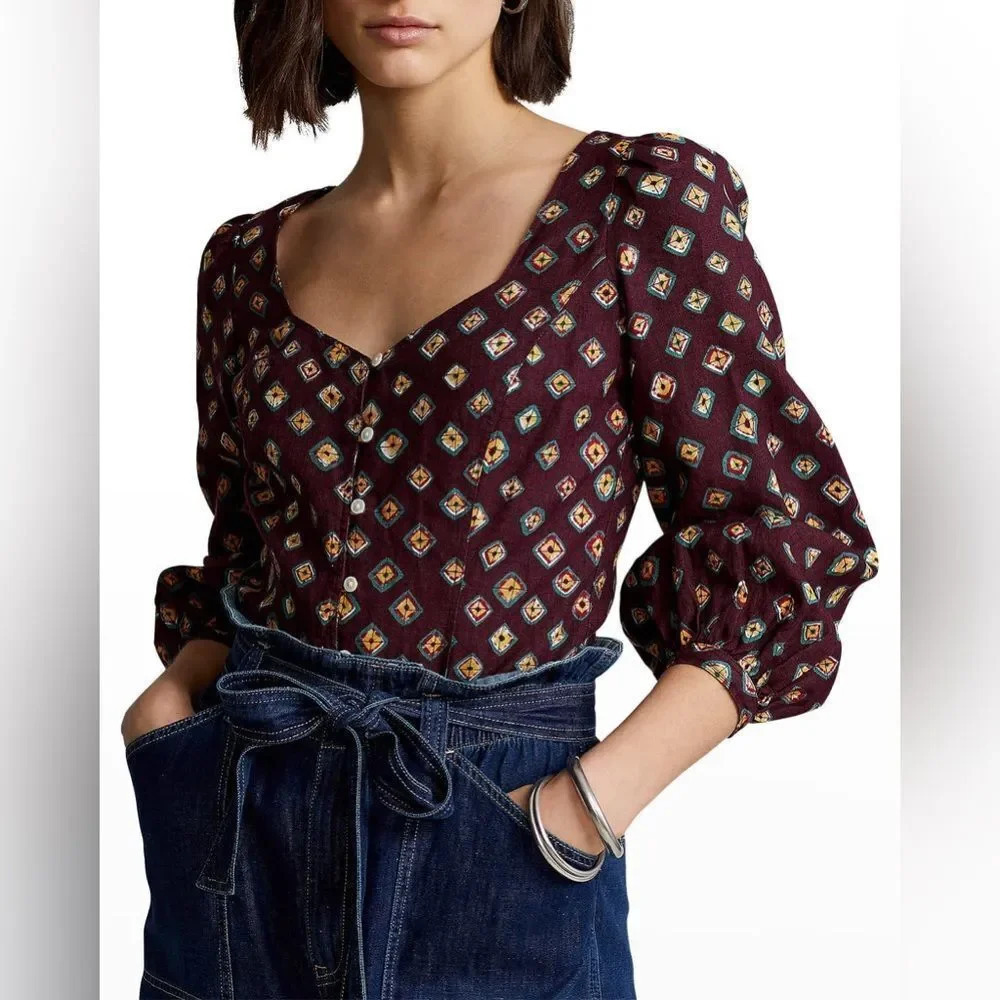 Polo‎ Ralph Lauren Block-Print Linen Button-Front Top Size 12